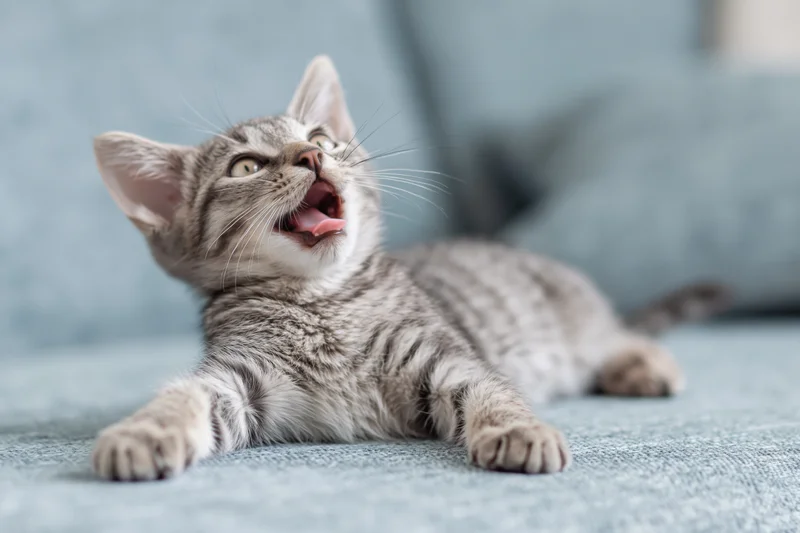 Grey tabby kitten lying on light blue fabric sofa with mouth open stretching