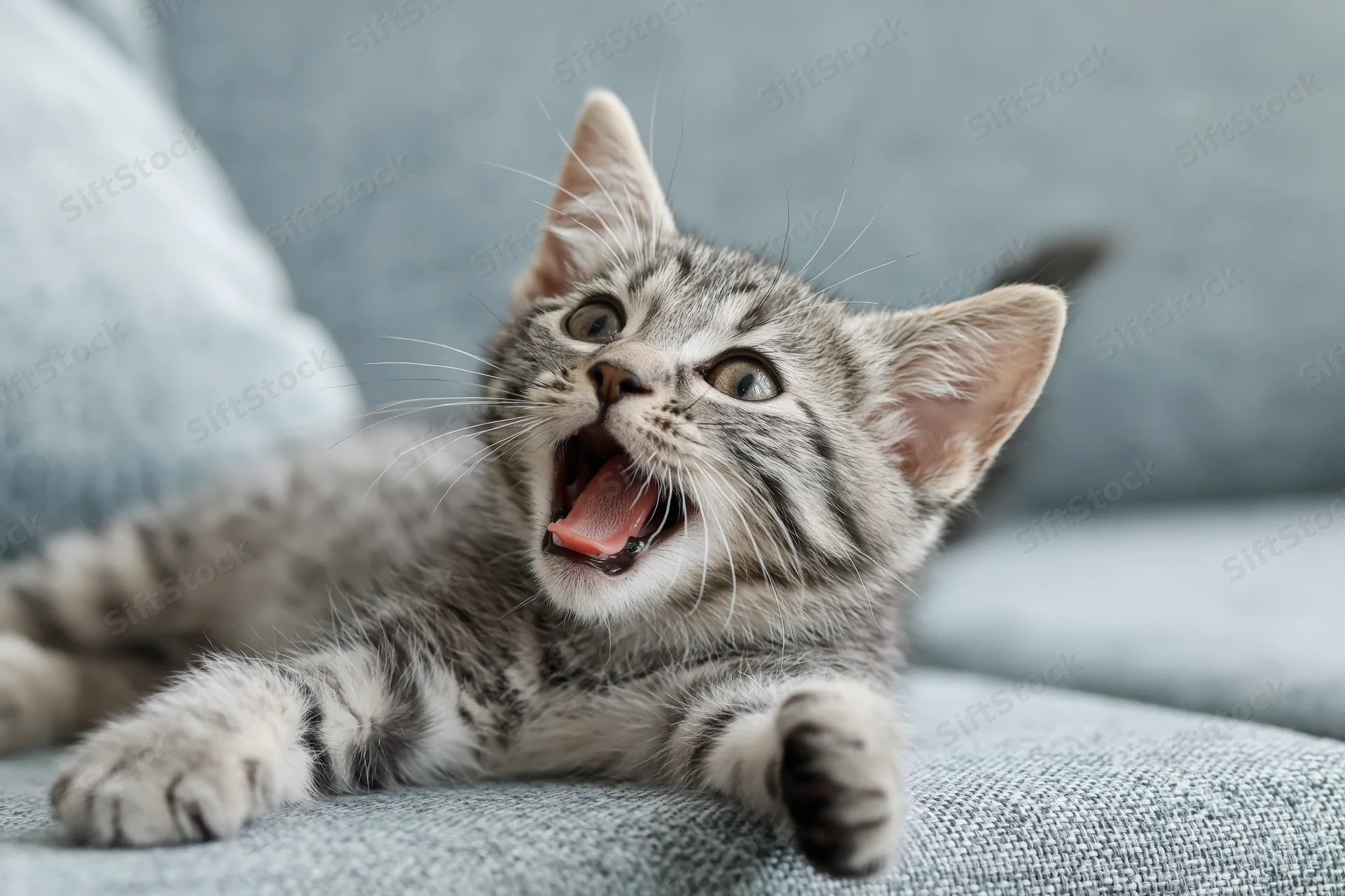 Grey tabby kitten yawning while lying on a light blue-grey fabric sofa