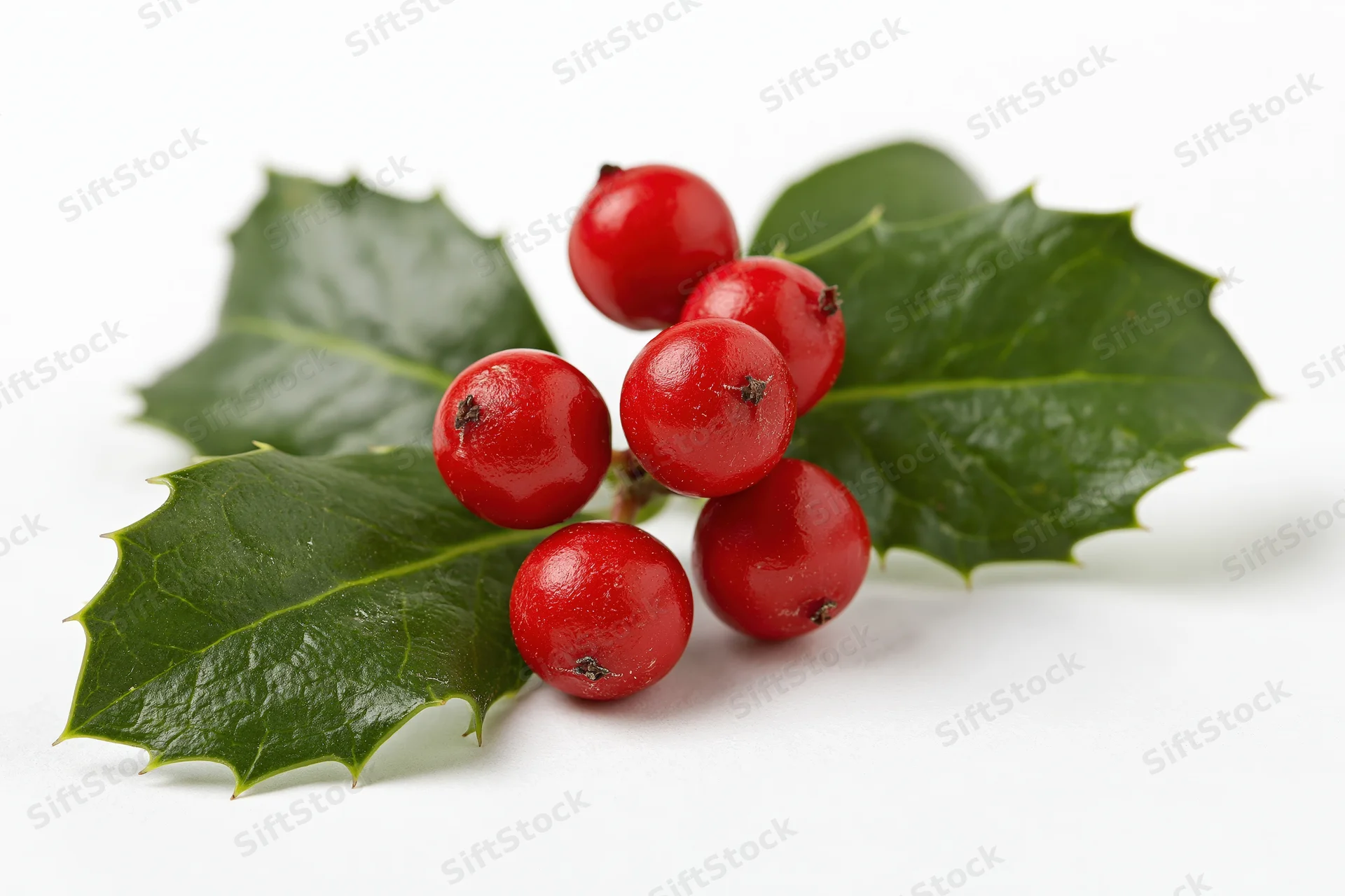 Holly sprig with red berries and green leaves on white background