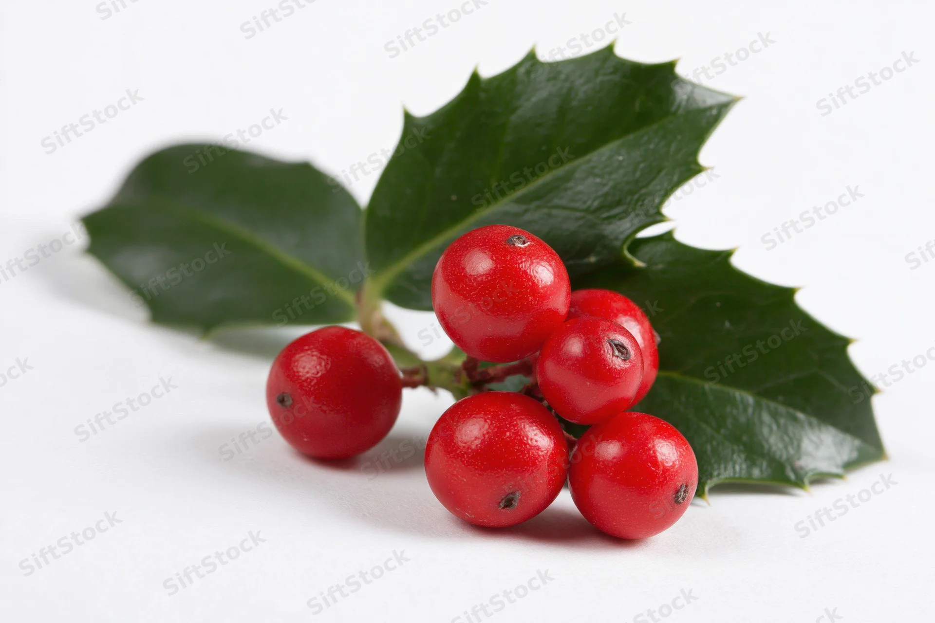 Holly sprig with red berries and green leaves on white background