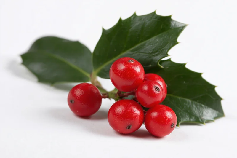 Holly sprig with red berries and green leaves on white background