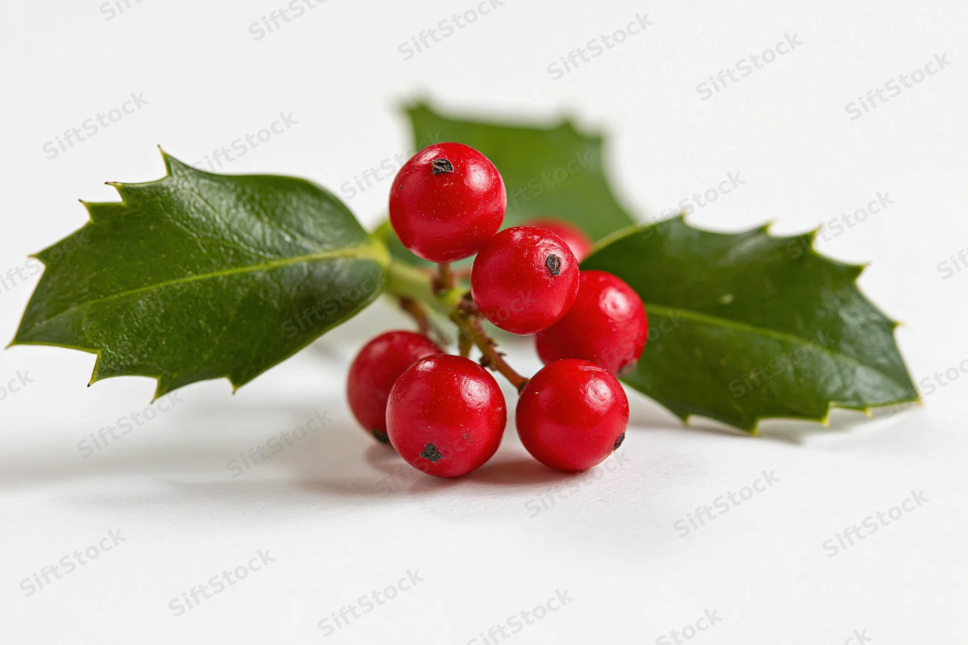 Holly sprig with red berries and green leaves on white background