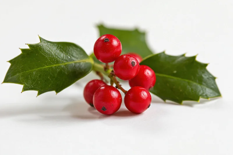 Holly sprig with red berries and green leaves on white background
