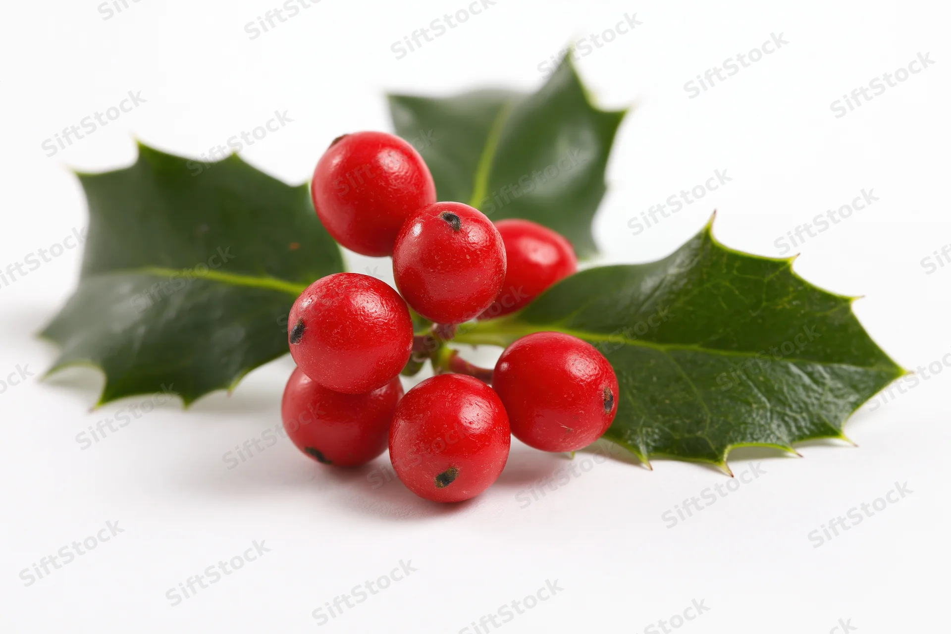 Holly sprig with red berries and green leaves on white background