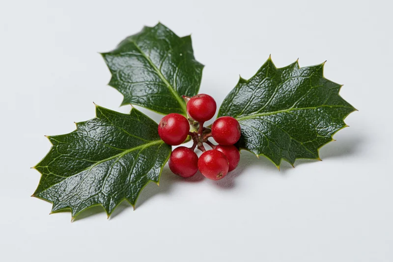 Holly sprig with red berries and green spiny leaves on white background