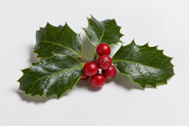 Holly sprig with red berries and green spiny leaves on white background