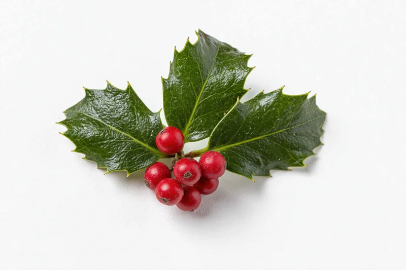 Holly sprig with spiny green leaves and red berries on white background