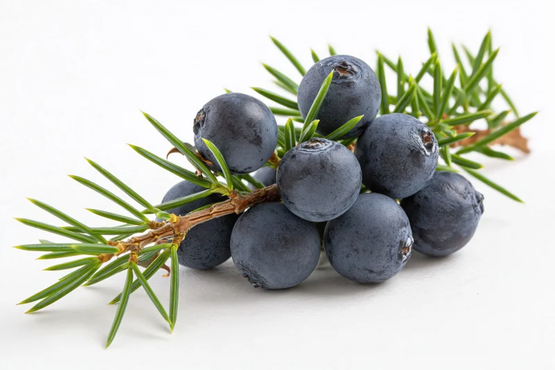 Ripe juniper berries on a branch with green needles against white background