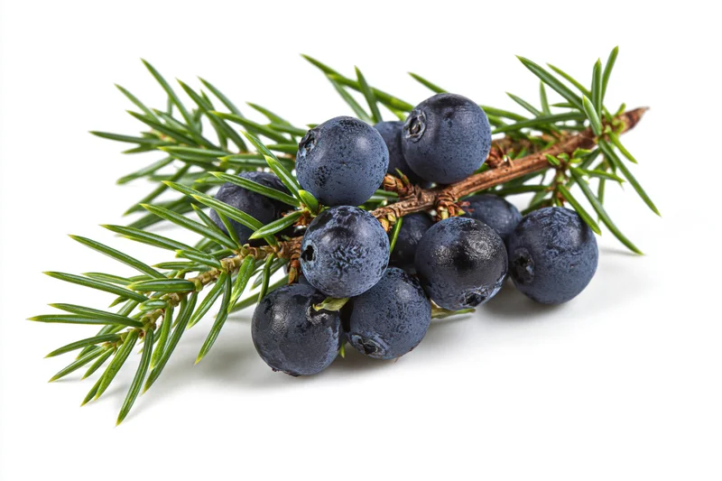 Juniper branch with ripe dark blue berries on white background