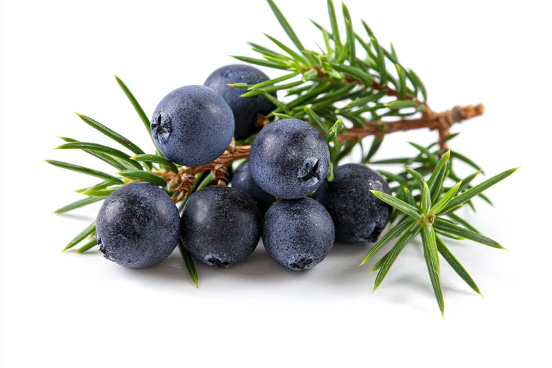 Juniper berries on a branch with green needles isolated on white