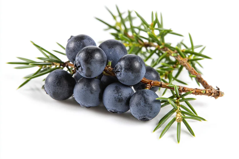 Juniper branch with ripe dark blue-black berries and green needles on white background