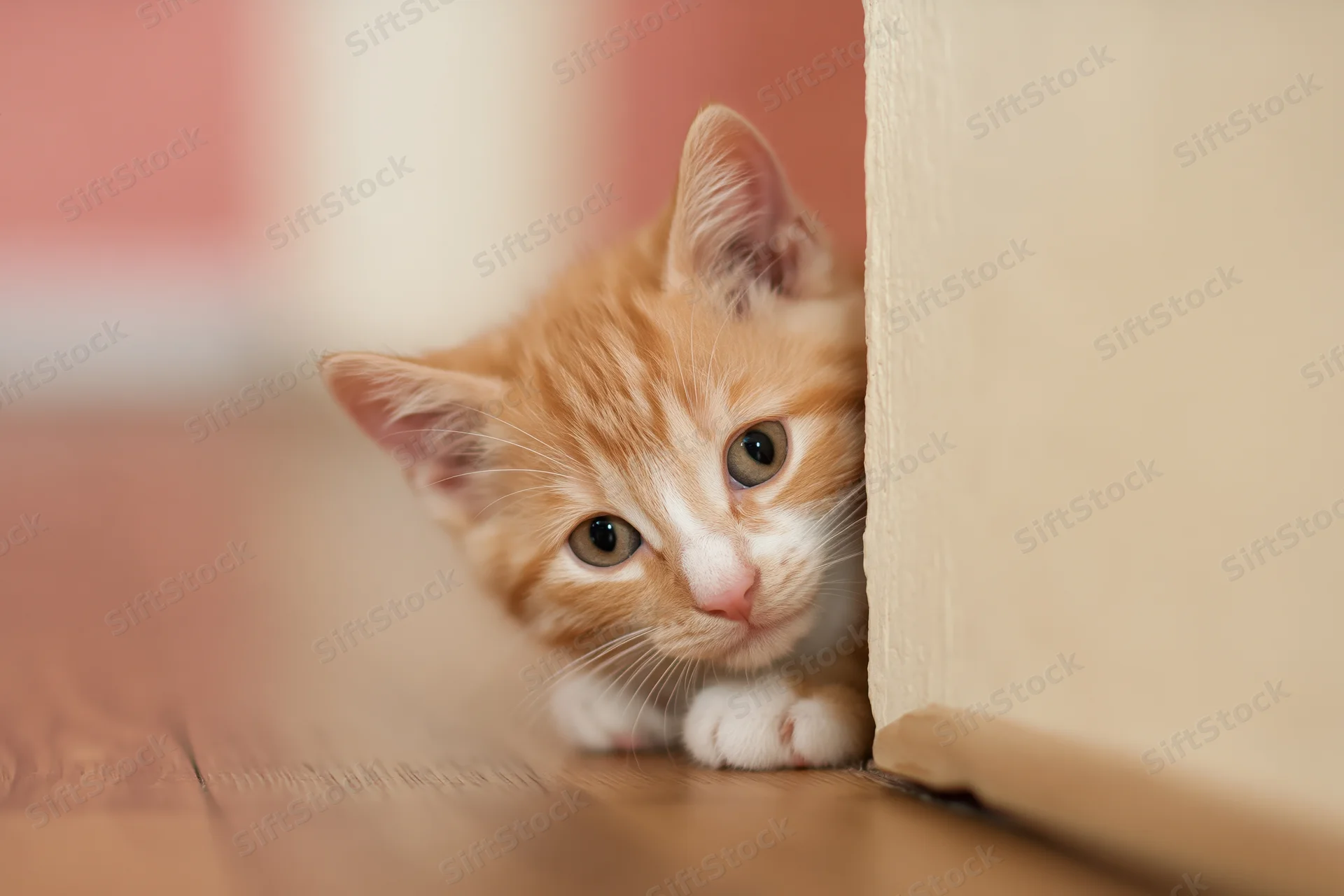 Orange and white kitten peeking from behind furniture on wooden floor