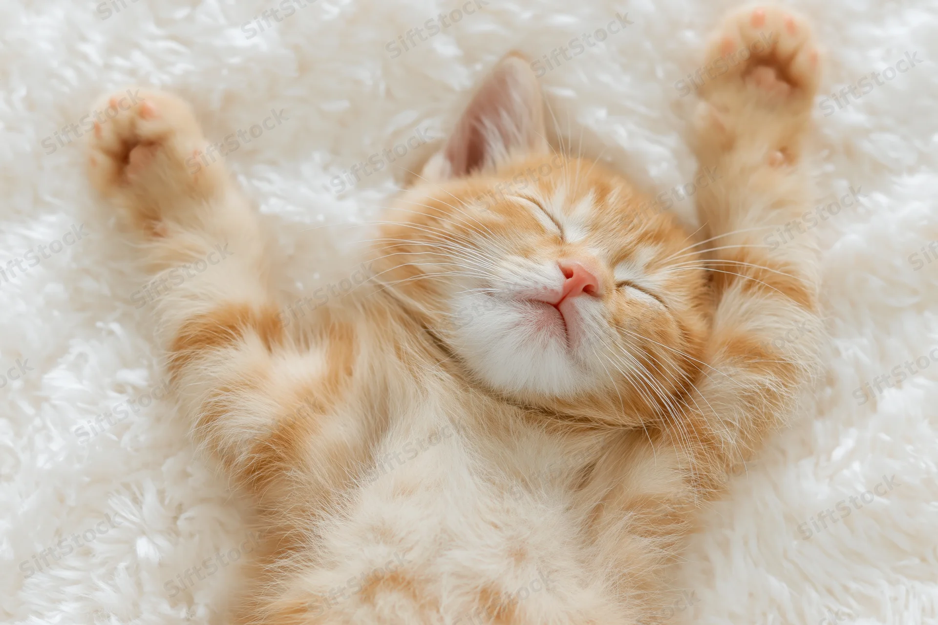 Orange tabby kitten sleeping on back on white fluffy rug