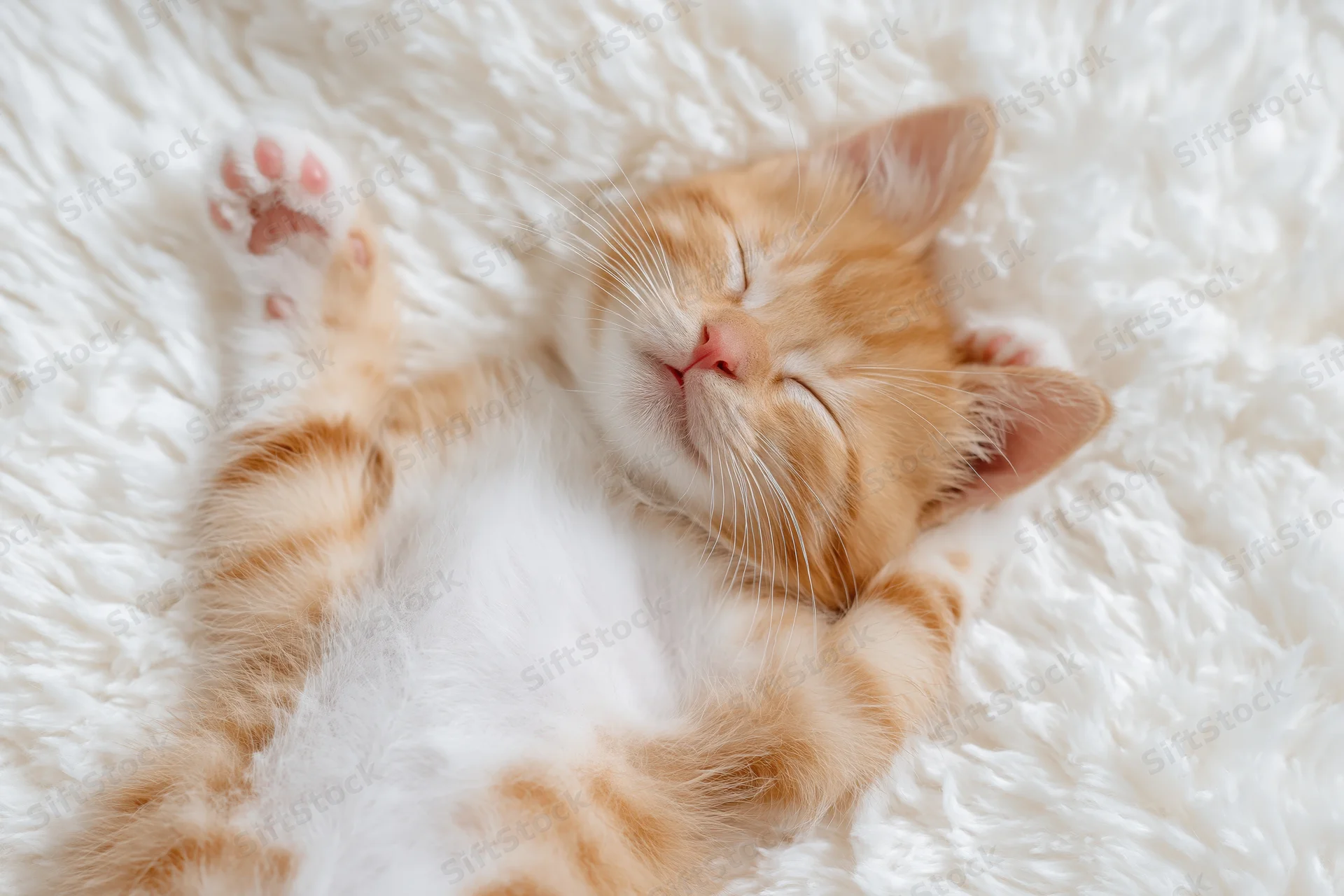 Orange tabby kitten sleeping on its back with paws raised on a white fluffy blanket