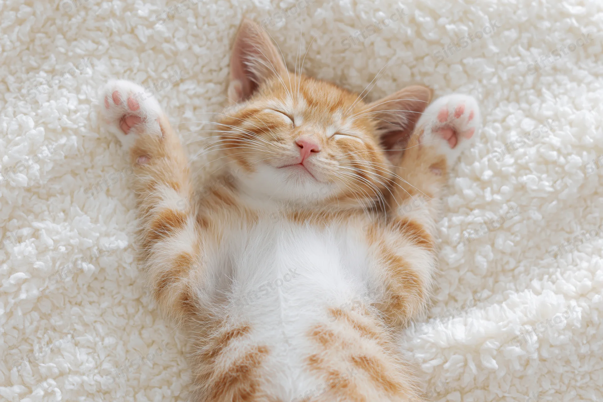 Orange tabby kitten sleeping on back with paws raised on white fluffy blanket
