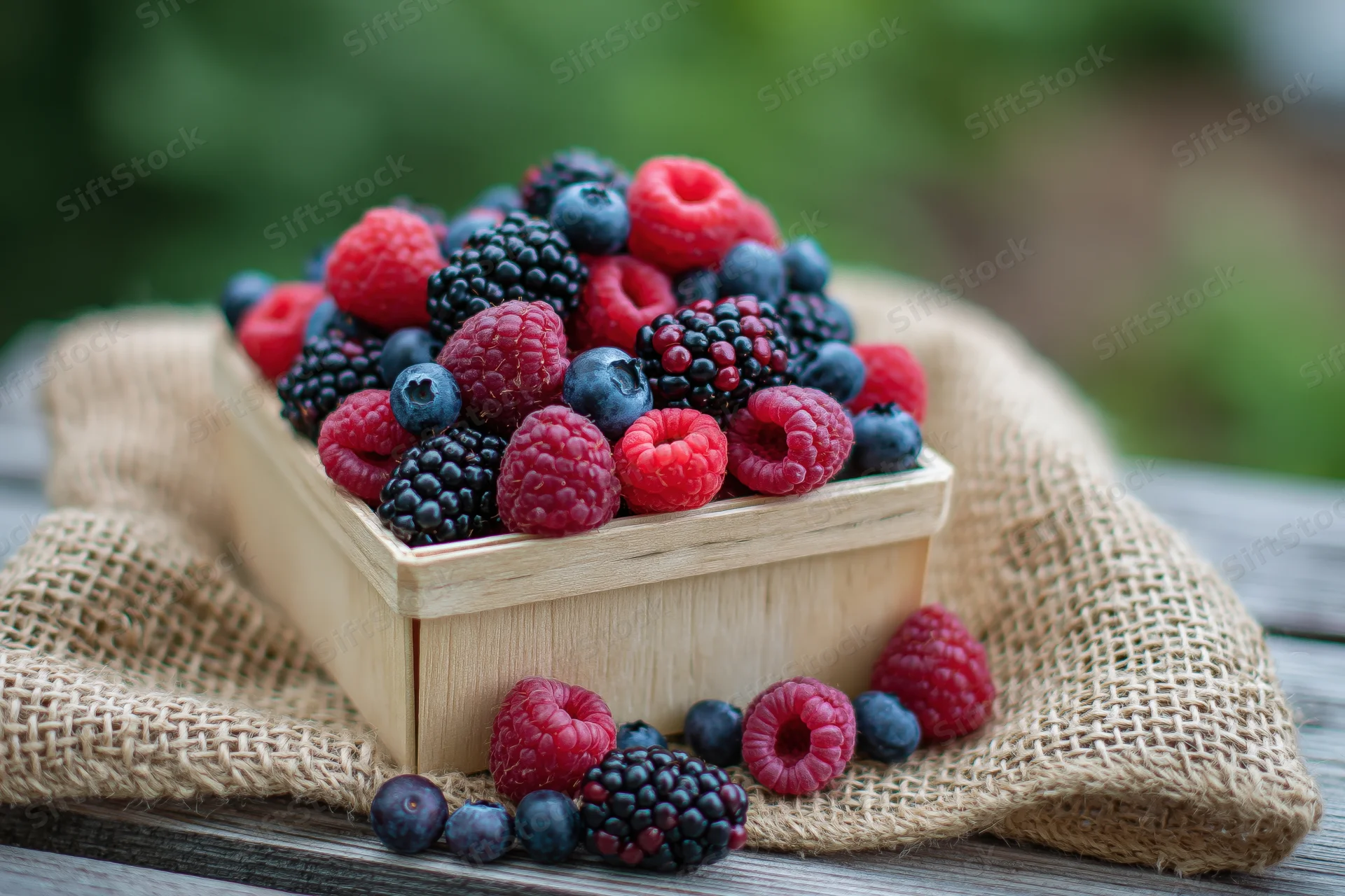 Wooden basket overflowing with fresh raspberries, blueberries and blackberries on burlap cloth outdoors