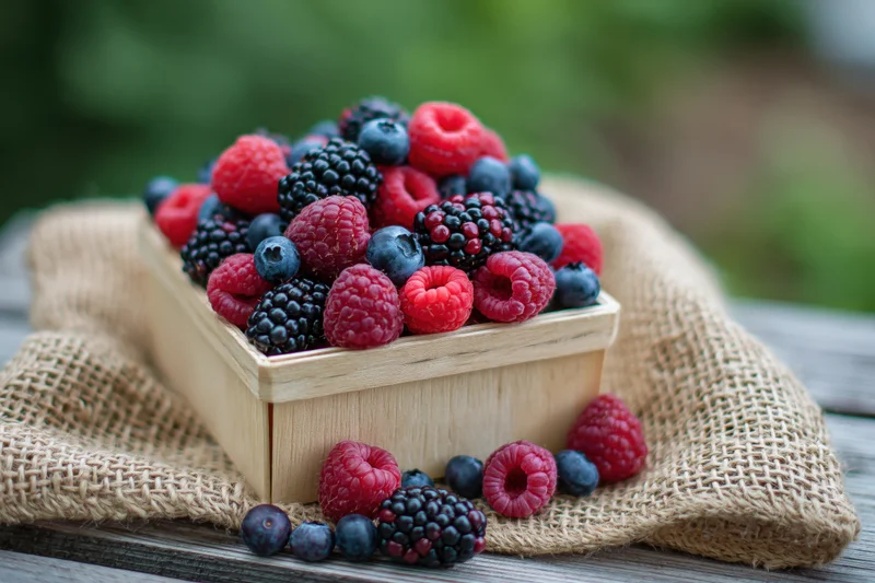 Wooden basket overflowing with fresh raspberries, blueberries and blackberries on burlap cloth outdoors