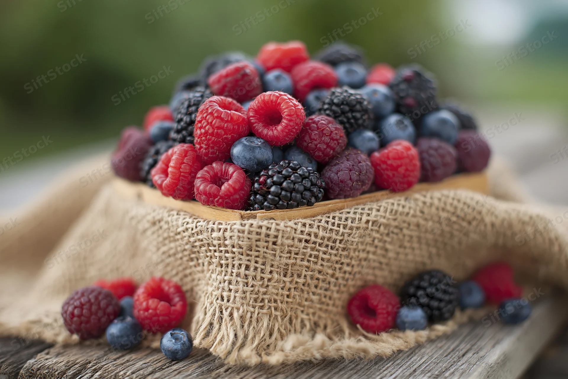 Wooden basket overflowing with fresh raspberries, blueberries and blackberries on burlap cloth over wooden surface