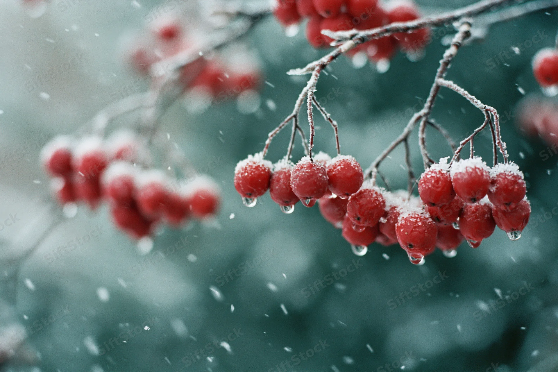 Red berries dusted with snow and ice on bare branches in winter outdoors