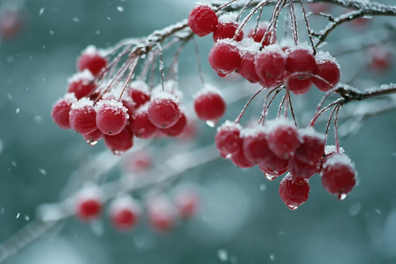 Red berries dusted with snow on bare winter branches in a close-up view
