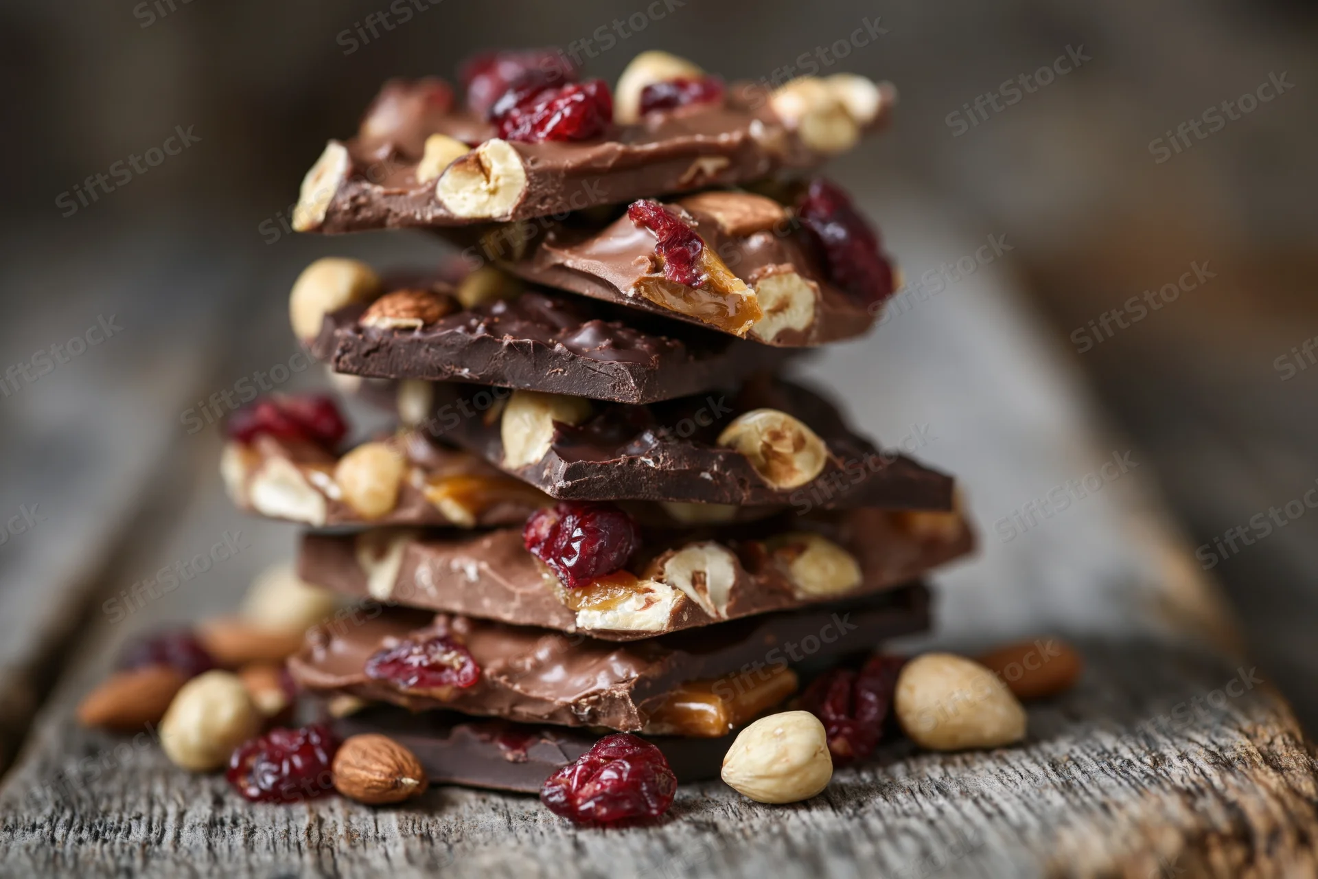 Stack of chocolate bark pieces with nuts and dried cranberries on a wooden board