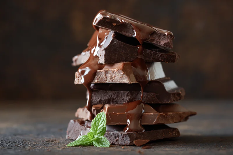 Stack of dark and milk chocolate chunks with melted chocolate dripping and a mint leaf garnish on a dark surface