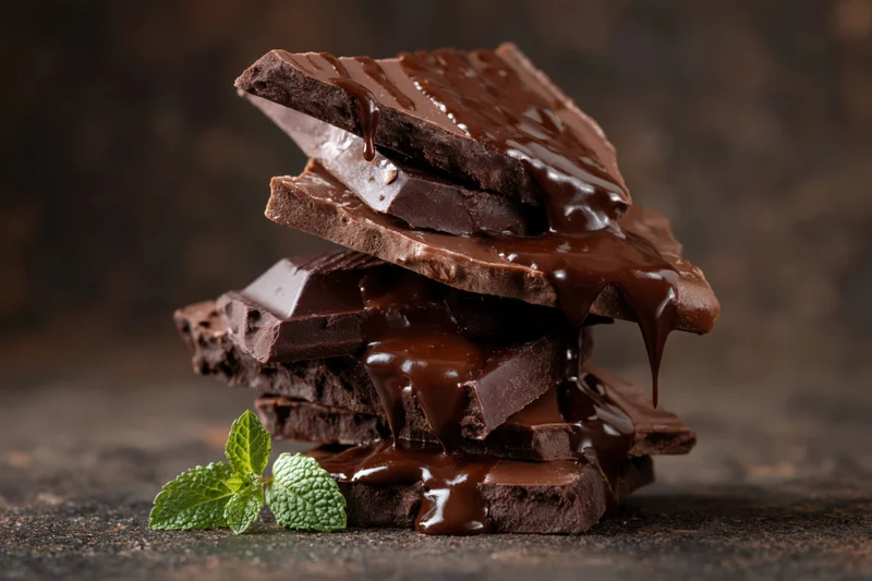 Stack of dark and milk chocolate chunks with melted chocolate dripping, garnished with mint leaf on dark stone surface