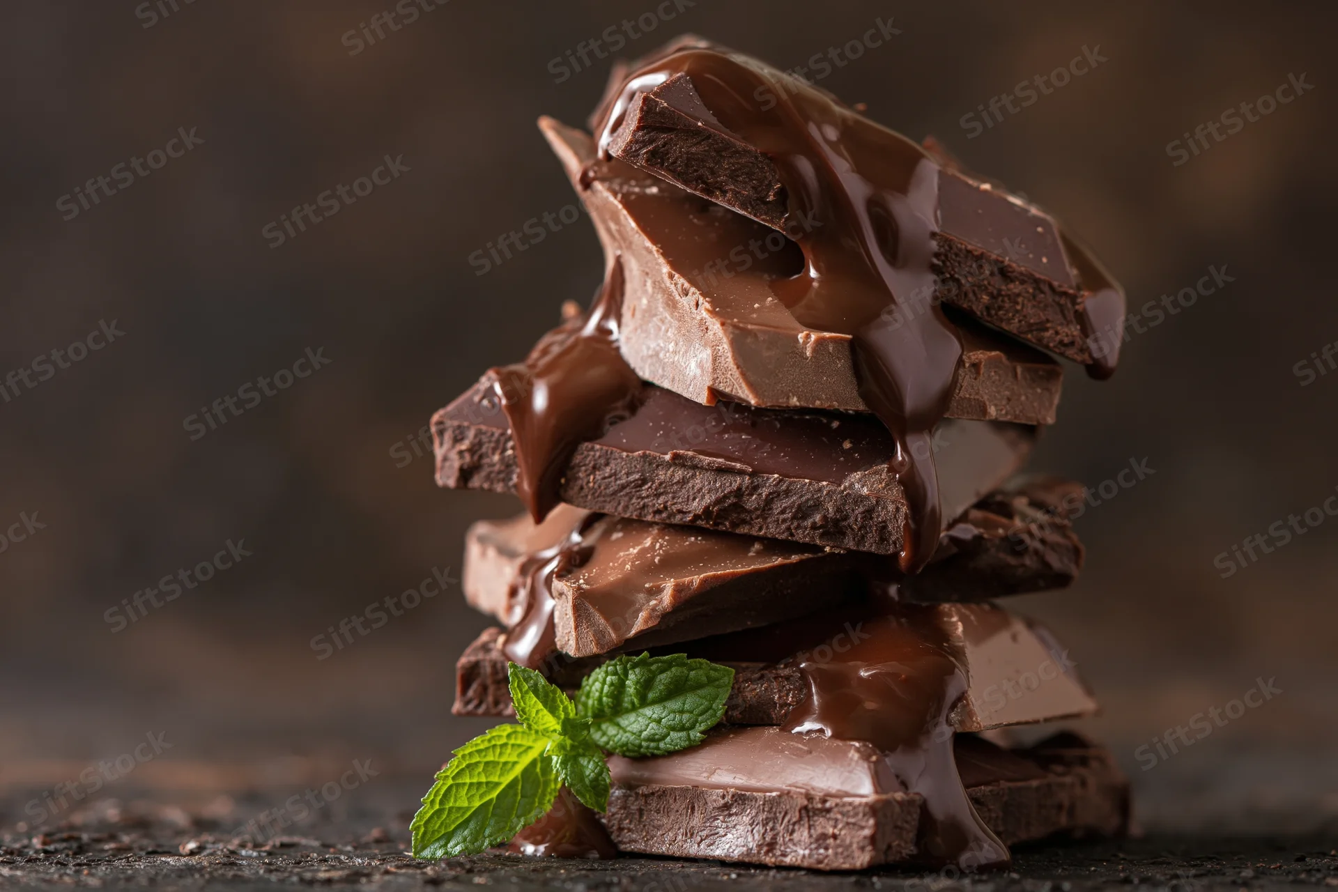 Stack of dark and milk chocolate chunks with melted chocolate drizzle and mint leaf on dark surface