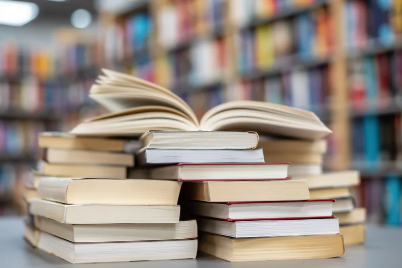 Stack of mixed paperback and hardcover books piled on a table in a library setting