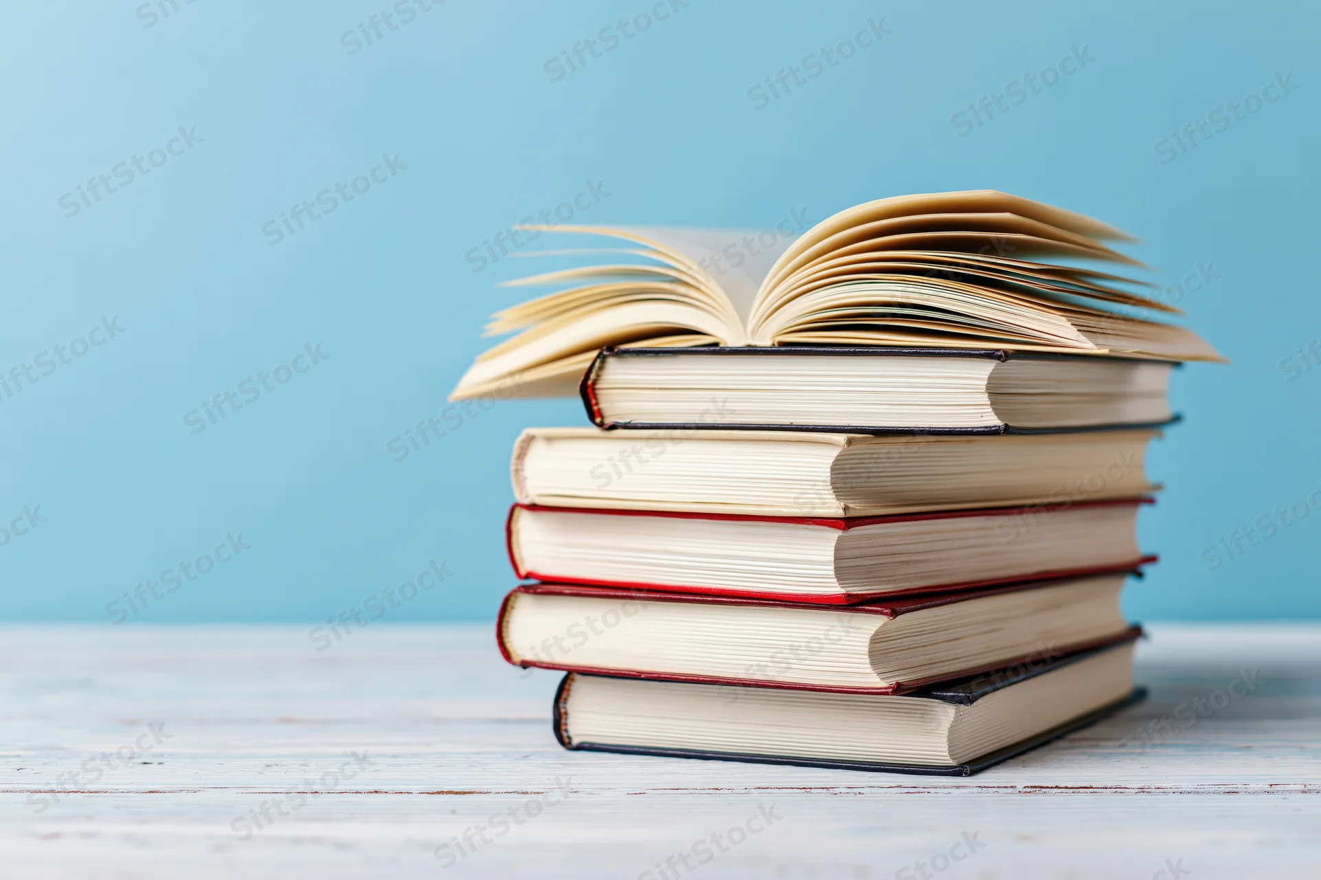 Stack of hardcover books with one open on a white wooden surface against blue background