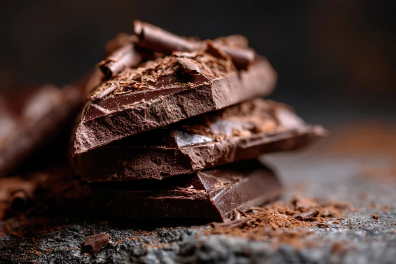 Broken dark chocolate pieces stacked on a dark textured surface with cocoa powder scattered around