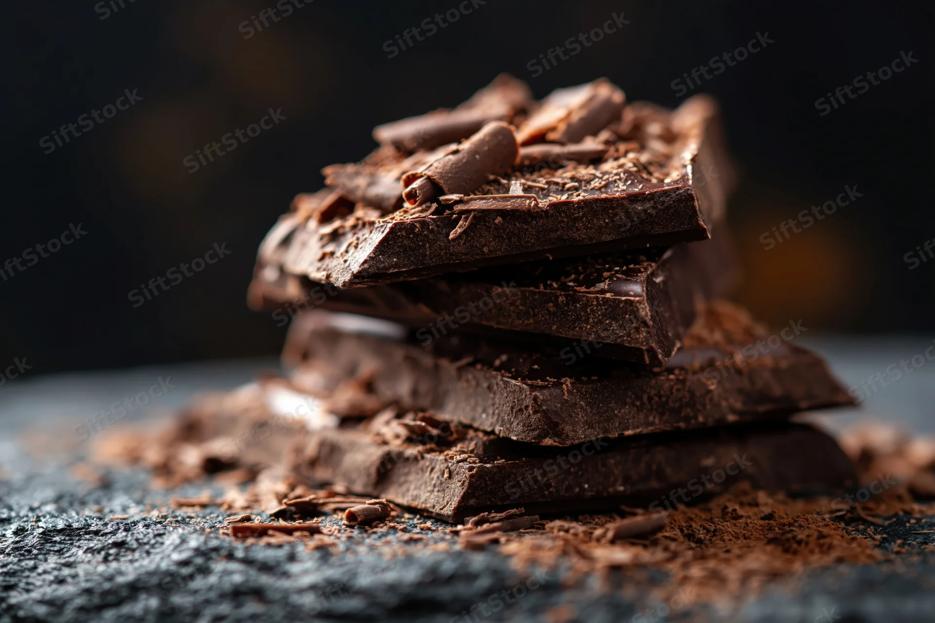 Broken dark chocolate pieces stacked with shavings and crumbs on a dark surface
