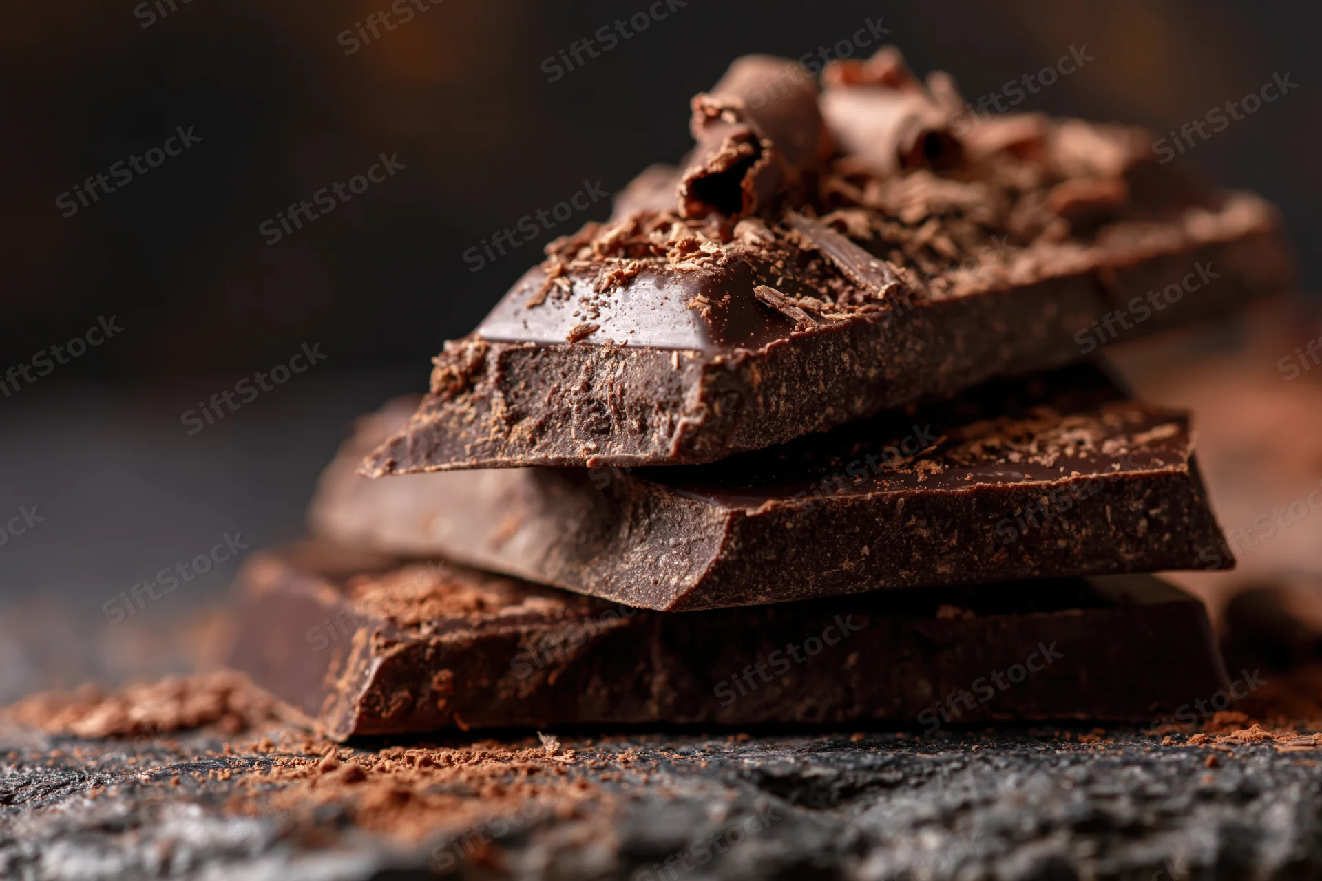 Broken dark chocolate pieces stacked and topped with shavings on a dark slate surface