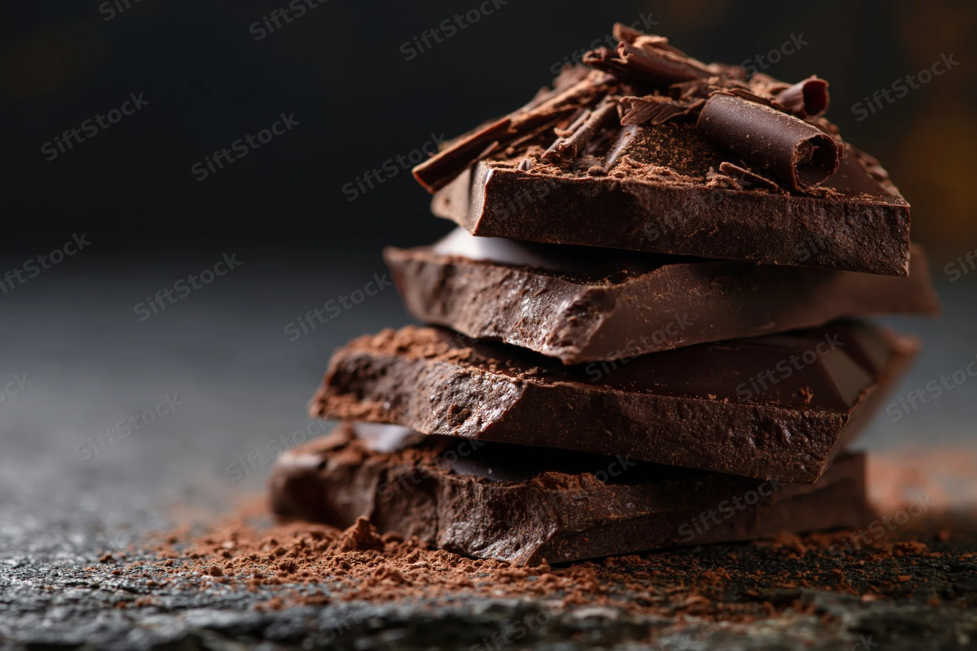 Broken dark chocolate pieces stacked and dusted with cocoa powder on a dark surface
