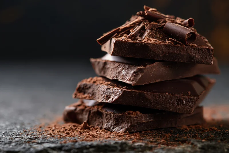 Broken dark chocolate pieces stacked and dusted with cocoa powder on a dark surface
