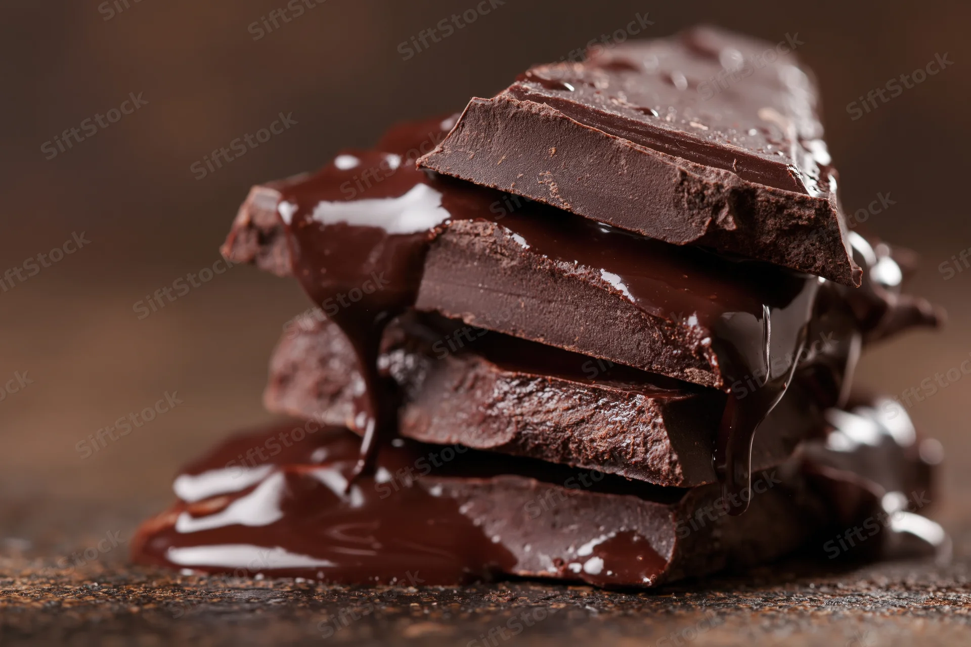 Broken dark chocolate pieces stacked with melted chocolate dripping onto a rustic surface