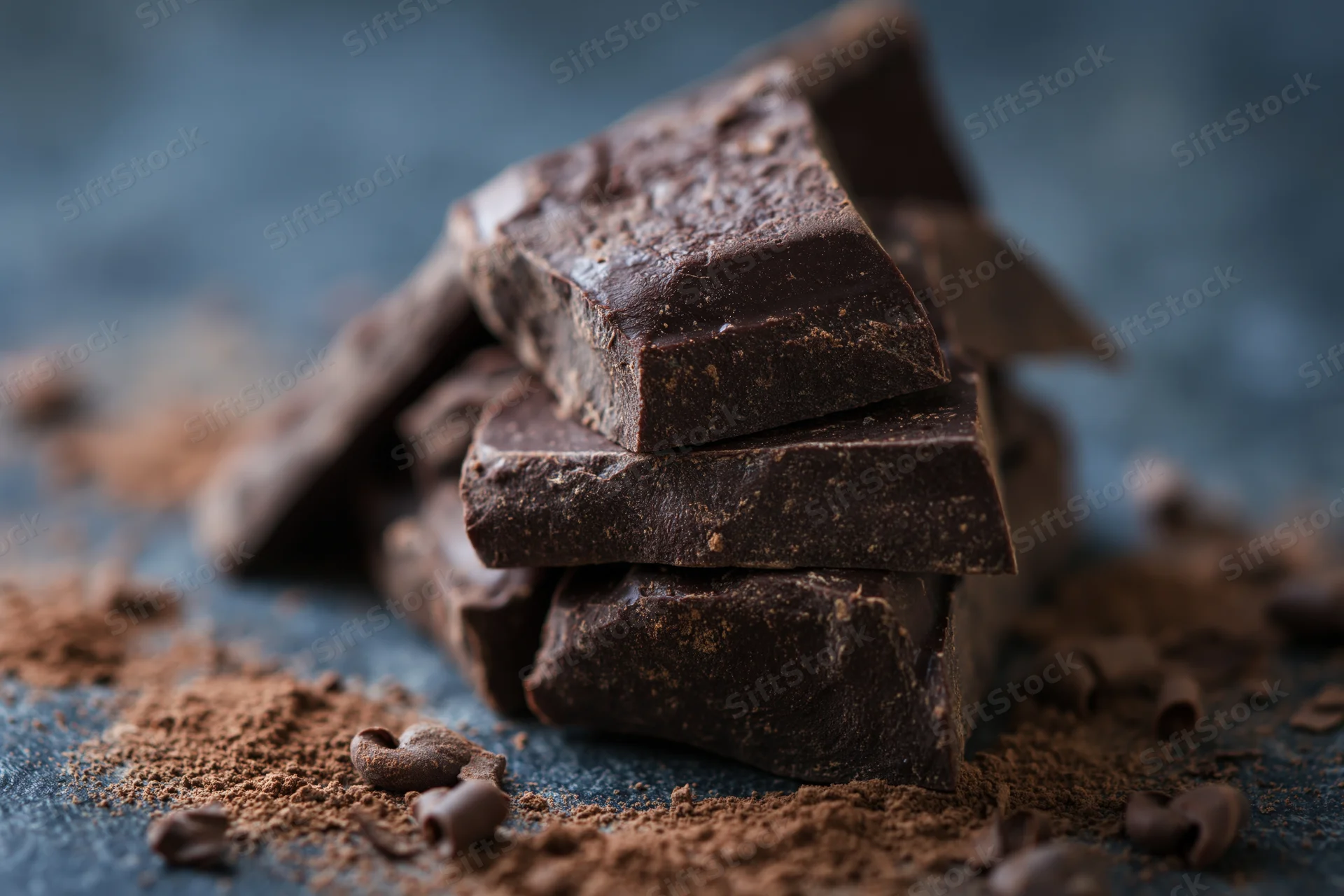 Stacked dark chocolate chunks piled loosely on a dark surface with cocoa powder and beans scattered around