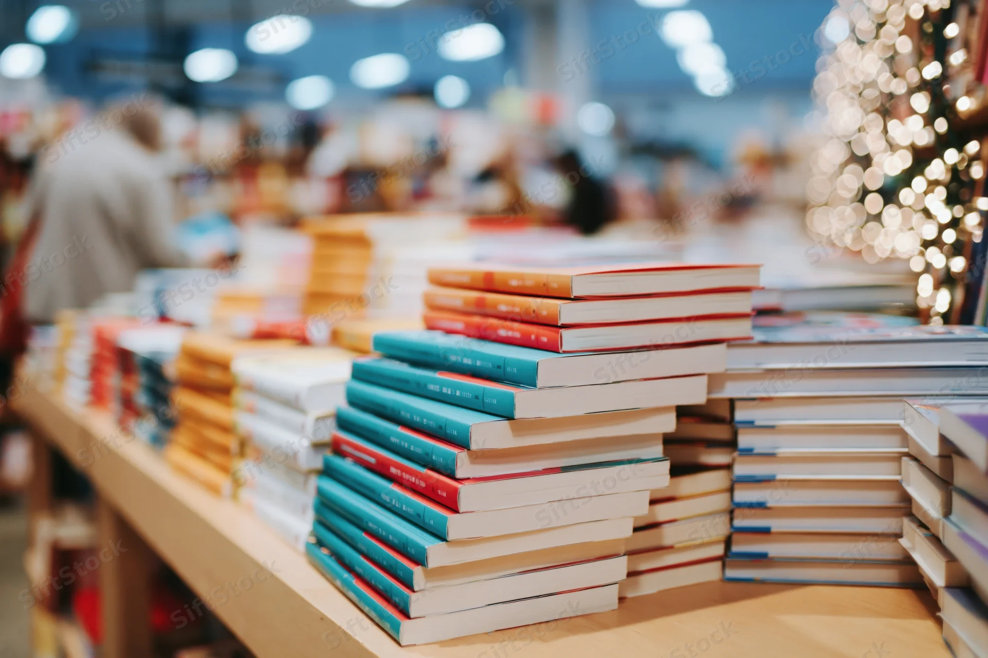 Stacks of colorful books arranged on wooden table in bookstore with holiday lights in background