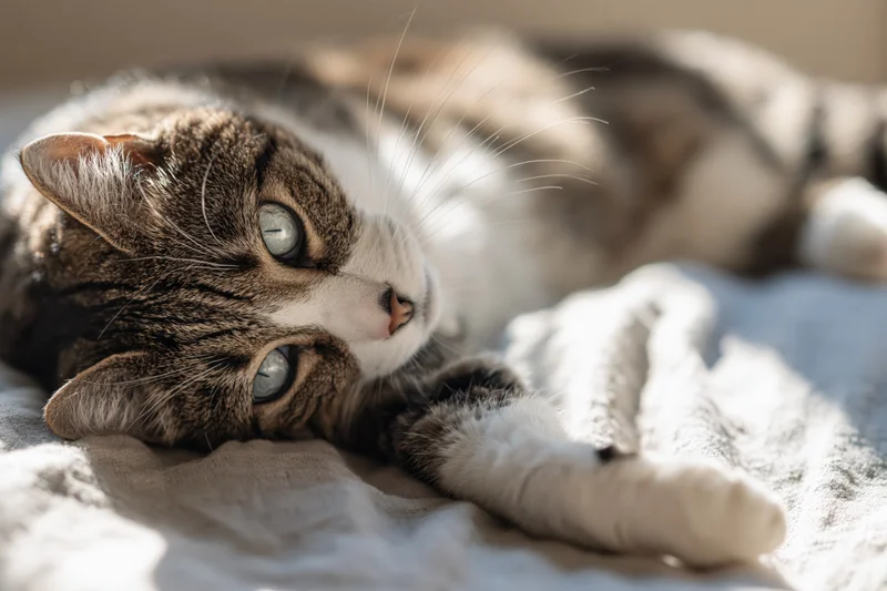 Tabby cat lying on its side on a soft linen surface with head tilt