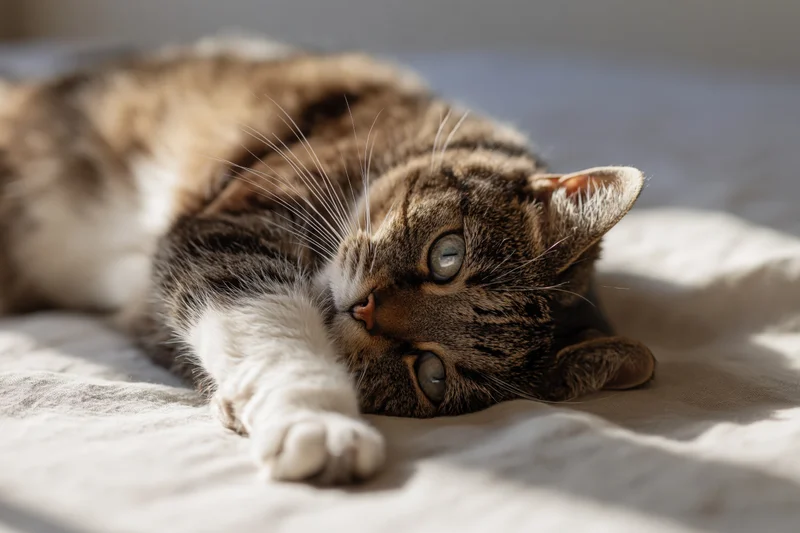 Tabby cat lying on its side with head tilted on soft linen surface