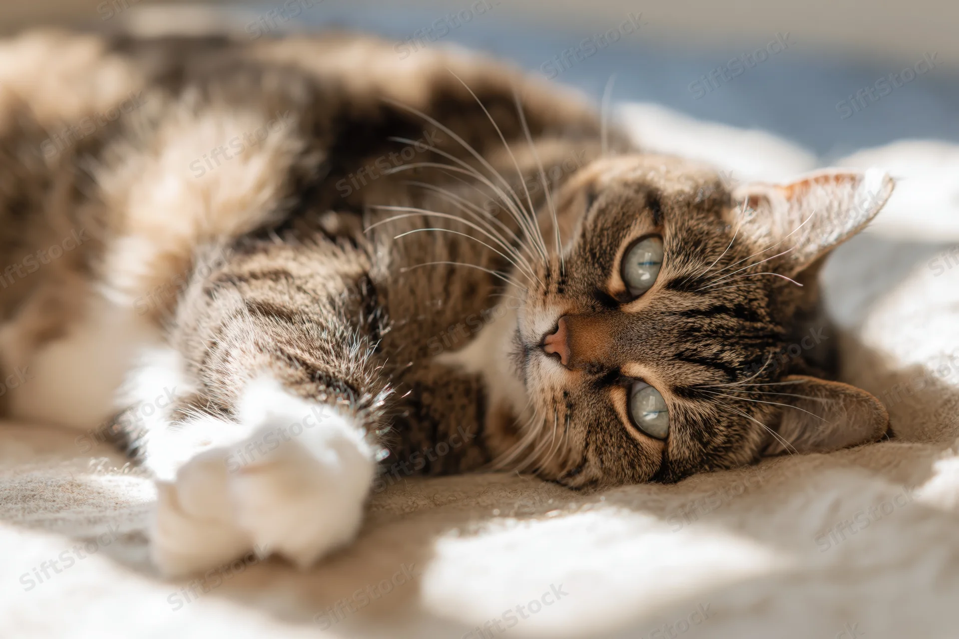 Tabby cat lying on its side with head tilted on soft linen surface