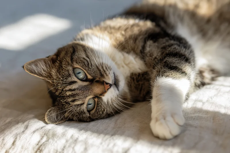 Tabby cat lying on its side with head tilted on soft linen surface