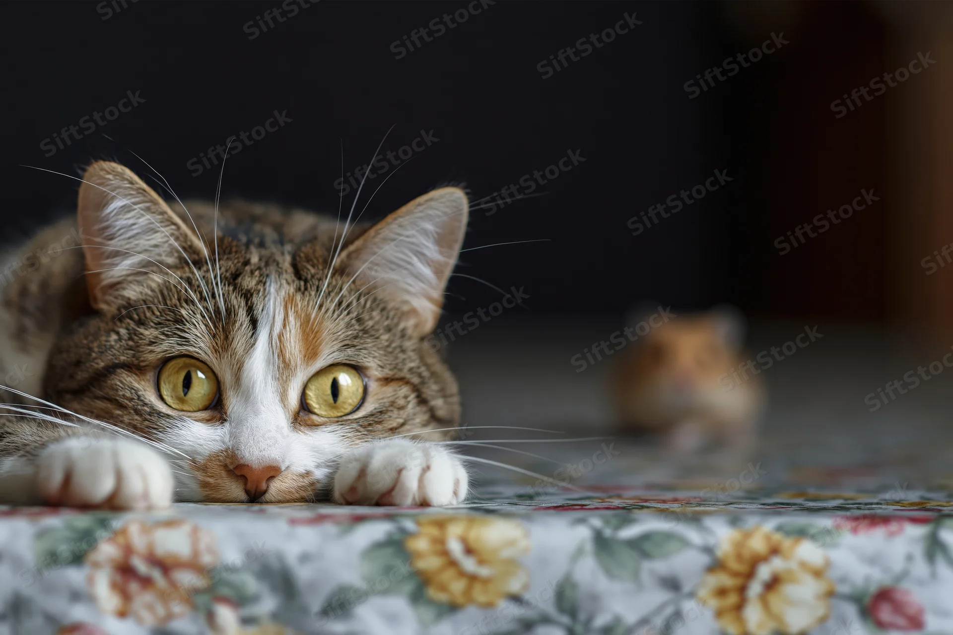 Tabby cat peering over floral tablecloth with wide yellow eyes, hamster blurred in background