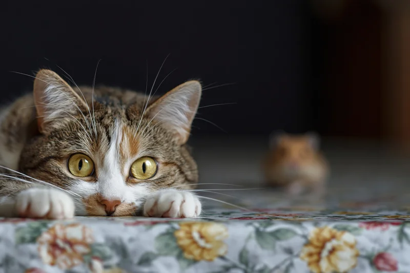 Tabby cat peering over floral tablecloth with wide yellow eyes, hamster blurred in background