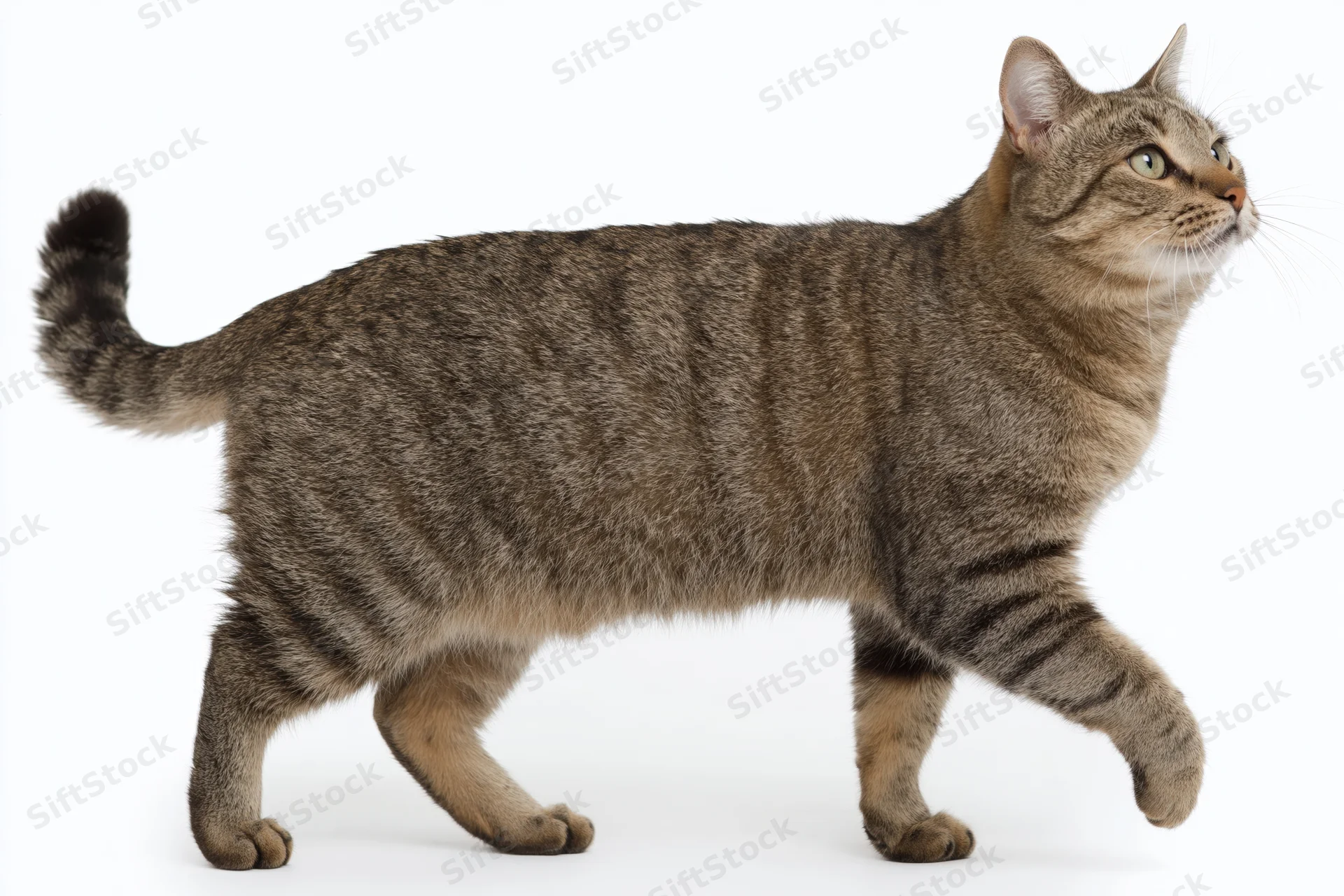 Tabby cat walking with one front paw raised midstep against white background