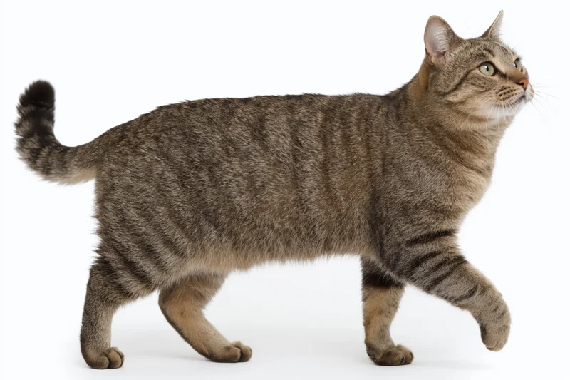 Tabby cat walking with one front paw raised midstep against white background