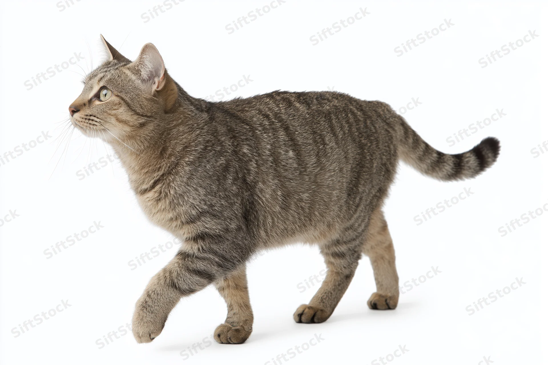 Tabby cat walking with one front paw raised midstep against white background