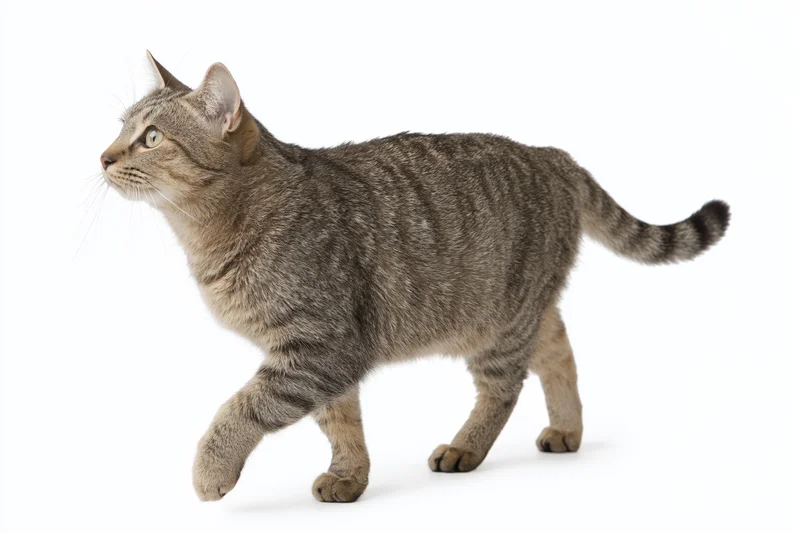 Tabby cat walking with one front paw raised midstep against white background