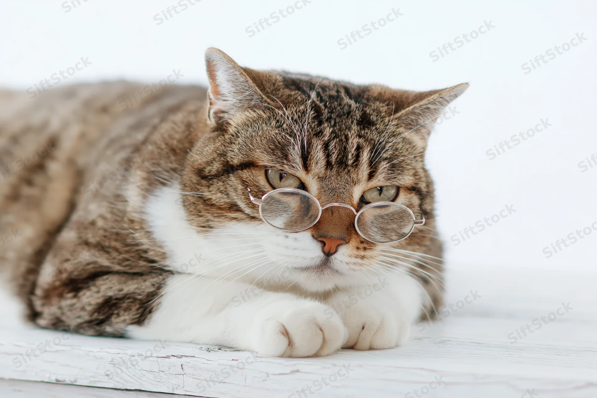 Tabby cat wearing small round wire-framed glasses resting on white wooden surface