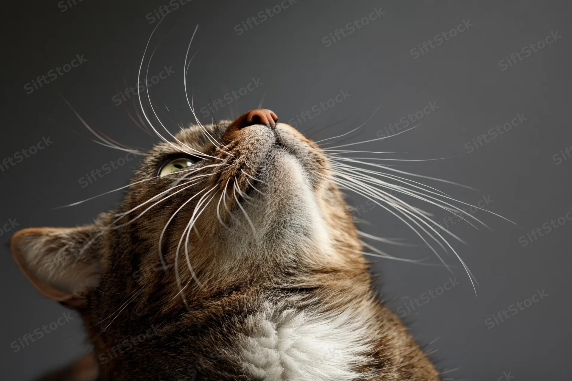 Tabby cat tilting head upward with long whiskers against dark background